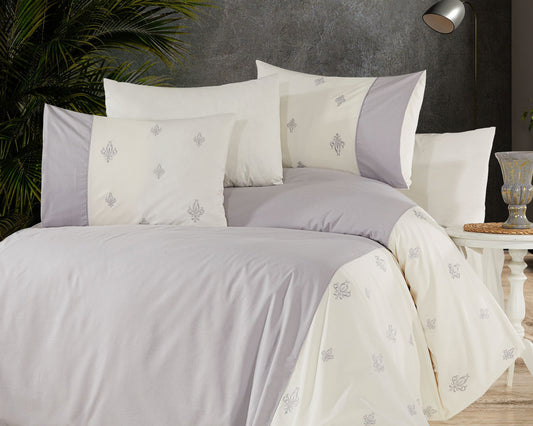 Juliette Embroidered Duvet Cover Set – 7 Pieces (Grey-Cream)