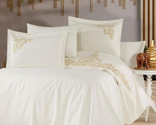 Golden Sophia Embroidered Bedding Set – 7 Piece Cotton Duvet Cover Set