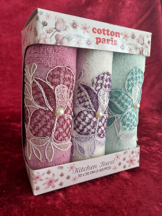 3-Piece Cotton Kitchen Towel Set (30×50 cm) – Lace Embroidered