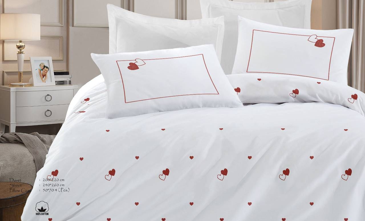 Love Embroidered Duvet Cover Set – 100% Cotton, 4 Pillowcases