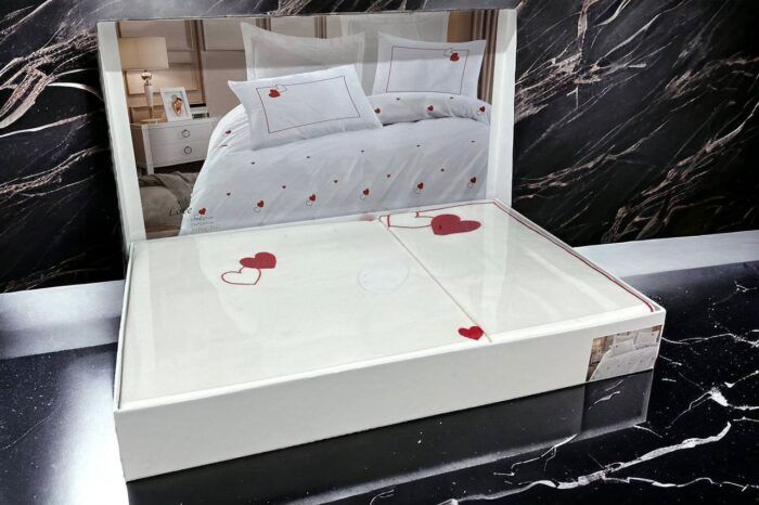 Love Embroidered Duvet Cover Set – 100% Cotton, 4 Pillowcases